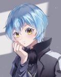  1other alternate_hair_lenght androgynous black_coat blue_hair bob_cut chocoeiru coat colored_eyelashes hair_between_eyes highres long_sleeves rimuru_tempest short_hair tensei_shitara_slime_datta_ken yellow_eyes 