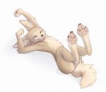 2024 anthro blep canid canine chest_tuft countershade_torso countershading digital_media_(artwork) eyes_closed fennec fox fur hi_res mammal nude pawpads pink_pawpads simple_background solo stretching tan_body tan_fur tongue tongue_out tuft white_background yshanii