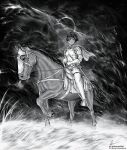  1girl absurdres armor berserk capelet casca_(berserk) commentary eclipse elbow_gloves gloves grass greyscale highres horse horseback_riding instagram_username marvin_(omarvin) monochrome riding saddle sheath sheathed short_hair signature sky solo star_(sky) starry_sky stirrups_(riding) sword tall_grass thighhighs twitter_username weapon wind 