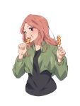  1girl black_shirt blush cropped_jacket dango eating edomon-do food green_jacket highres hisame_(mona_lisa_no_zaregoto) holding holding_food jacket long_sleeves mitarashi_dango mona_lisa_no_zaregoto red_eyes red_hair shirt simple_background solo t-shirt wagashi white_background 