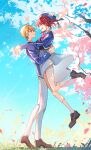  1boy 1girl absurdres arima_kana beret blonde_hair blue_eyes blue_headwear blue_vest bob_cut brown_footwear carrying carrying_person cherry_blossoms closed_eyes closed_mouth commentary full_body grey_skirt happy hat hat_ribbon highres hoshino_aquamarine inverted_bob light_blush open_mouth oshi_no_ko red_eyes red_hair ribbon rxxxx_(bella61553257) school_uniform short_hair skirt smile socks vest white_socks youtou_high_school_uniform 