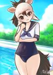  1girl aardwolf_(kemono_friends) animal_ears black_hair black_one-piece_swimsuit blush covered_navel extra_ears hair_between_eyes highres kemono_friends looking_at_viewer multicolored_hair neckerchief old_school_swimsuit one-piece_swimsuit open_mouth ponytail pool poolside redrufu2000 sailor_collar school_swimsuit school_uniform serafuku shirt smile solo swimsuit swimsuit_under_clothes tail two-tone_hair white_hair 