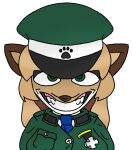 alpha_channel anthro averi_(fiddleafox) brown_body brown_fur canid canine clothing creepy_face creepy_smile female female_anthro fox fur green_clothing green_eyes hair hi_res looking_at_viewer mammal markings smile solo uniform unknown_artist white_body white_fur