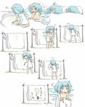 barefoot bed bed_sheet bedwetting bloomers blue_eyes blue_hair blush blush_stickers child_drawing cirno comic covering covering_crotch drawing embarrassed highres hitodama konpaku_youmu_(ghost) laundry marker messy_hair ohyo shirt_tug stain touhou translated underwear 