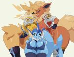 anthro big_breasts black_sclera blue_body blue_eyes breasts camel_toe canid cleavage clothed clothing eeveelution female flareon fur generation_1_pokemon group hair hi_res jacket jolteon juzztie legwear mammal neck_tuft nintendo nipple_outline nipples pokemon pokemon_(species) red_body red_eyes red_fur simple_background stockings tail thick_thighs topwear trio tuft vaporeon yellow_body yellow_fur
