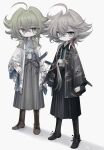  2boys absurdres black_dress brown_footwear commission dress green_eyes green_hair grey_eyes grey_hair highres jacket katana meyou_0319 multiple_boys original standing sword weapon 