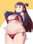  1girl amogan bikini blunt_bangs blush brown_hair closed_mouth cowboy_shot highres kagari_atsuko little_witch_academia long_hair navel pink_eyes plump polka_dot polka_dot_background red_bikini red_eyes side_ponytail solo split_mouth sweat swimsuit thick_thighs thighs white_background yellow_background 