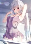  arm_up armpits bathroom breasts chemise cleavage feathered_wings grey_hair hair_tie_in_mouth highres kishin_sagume lace lace_panties lingerie looking_at_viewer medium_breasts mirror mouth_hold niko_kusa nipples no_bra panties purple_chemise red_eyes reflection see-through single_wing touhou underwear white_wings wings 