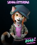 absurd_res anthro clothed clothing domestic_cat ear_piercing ear_ring english_text eyebrows felid feline felis female fingers fur hi_res looking_at_viewer mammal open_mouth open_smile piercing ring_piercing rock_and_roar rockandroar sienna_kitteridge smile smiling_at_viewer solo tail text whiskers
