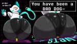 absurd_res ambiguous_gender anthro big_butt biped butt darkner deltarune dialogue digital_media_(artwork) duo extreme_size_difference felid feline female female/ambiguous floating_hands hi_res machine mammal robot simple_background sitting_on_another size_difference tail tasque_manager text undertale_(series) veruveru2 yellow_eyes