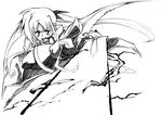  bardiche fate_testarossa floating_hair greyscale holding holding_sword holding_weapon long_hair looking_at_viewer lyrical_nanoha mahou_shoujo_lyrical_nanoha monochrome simple_background solo sword twintails very_long_hair weapon white_background 