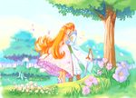  1girl blonde_hair cello_(little_princess) dress flower forest kiss kururu_(little_princess) little_princess long_hair lowres marl_kingdom nature ryoji_(nomura_ryouji) sword weapon 