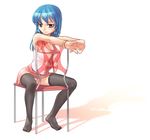  blue_hair bracelet breasts chair cleavage copyright_request feet hands jewelry legs man_(trance) medium_breasts panties pantyshot red_eyes sitting sitting_backwards solo thighhighs underwear white_panties 