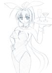  animal_ears aoba_mizuki between_breasts blue breasts bunny_ears bunnysuit copyright_request fishnet_pantyhose fishnets glasses lighter long_hair medium_breasts monochrome pantyhose ponytail sketch solo tray 