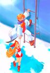  1girl angry bare_legs blonde_hair cello_(little_princess) coat flipped_hair hat instrument kururu_(little_princess) ladder little_princess long_hair marl_kingdom orange_hair pants ryoji_(nomura_ryouji) shoes short_hair sky socks 