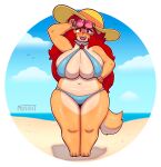 absurd_res anthro beach big_breasts bikini breasts canid canine canis clothing day domestic_dog eyewear female front_view fur gem hair hand_on_hip hat headgear headwear hi_res huge_breasts jewelry long_hair looking_at_viewer mammal mature_female mossist necklace outside pearl_(gem) pearl_necklace red_hair rosy_(mossist) seaside sky slightly_chubby solo sun_hat sunglasses swimwear tan_body tan_fur thick_thighs voluptuous_anthro voluptuous_female