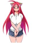  ahoge animal_ears blush breasts cat_ears copyright_request crossed_arms denim denim_shorts glasses hands_together huge_breasts long_hair looking_at_viewer red-framed_eyewear red_hair ryoji_(nomura_ryouji) shirt short_sleeves shorts simple_background solo white_background 