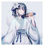  1girl aqua_eyes aqua_nails blue_hair blue_ribbon border chinese_clothes closed_mouth dark_blue_hair earrings fate/grand_order fate_(series) flower grey_background hagoromo hair_flower hair_ornament hair_ribbon hand_up hanfu holding jewelry jing_ke_(fate) kanitama_(putyourhead) long_sleeves looking_at_viewer ribbon sash scroll_tube shawl simple_background smile solo upper_body white_border white_flower wide_sleeves 