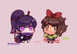  2girls :&lt; blue_skirt bow bow_hairband brown_eyes brown_hair character_name chibi facial_mark fox_tail full_body green_shirt hairband highres japanese_clothes josie_rizal kotorai kunimitsu_ii midriff multicolored_hair multiple_girls no_nose outline pink_background pink_outline ponytail purple_eyes purple_hair purple_scarf red_bow scarf shirt signature skirt streaked_hair tail tears tekken whisker_markings 