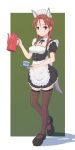 1girl alternate_costume animal_ears blush breasts brown_thighhighs closed_mouth cup dog_ears dog_tail enmaided highres keicha_(kmoekaki) long_hair looking_at_viewer maid maid_headdress medium_breasts minna-dietlinde_wilcke red_eyes red_hair smile solo strike_witches tail teacup teapot thighhighs world_witches_series 