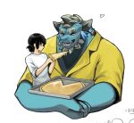  1boy 1girl bara beard black_hair blue_fur character_request cropped_torso curly_eyebrows facial_hair feeding food furry furry_male g029off happy heart hetero holding holding_food holding_pizza jacket pectorals pizza protagonist_2_(housamo) short_hair simple_background size_difference smile thick_beard tokyo_afterschool_summoners 