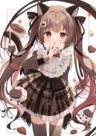  1girl :o animal_ears brown_dress brown_eyes brown_hair cat_ears cat_girl cat_hair_ornament cat_tail coffee cookie cowboy_shot cup dress food goma_(u_p) hair_ornament hair_ribbon hand_to_own_mouth highres original ribbon tail teacup twintails white_background 