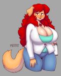 anthro big_breasts bottomwear breasts canid canine canis cleavage clothed clothing denim denim_bottomwear denim_clothing domestic_dog ear_piercing female floppy_ears fully_clothed fur grey_background hair hi_res huge_breasts jeans jewelry long_hair looking_at_viewer mammal mature_female mossist necklace pants piercing purse red_eyes red_hair rosy_(mossist) simple_background solo tail tan_body tan_fur tan_tail