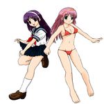  asamiya_athena athena_(series) barefoot bikini long_hair multiple_girls pink_hair princess_athena purple_eyes purple_hair red_bikini school_uniform serafuku snk swimsuit the_king_of_fighters yorunosuke 