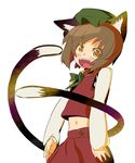  :d animal_ears brown_eyes brown_hair cat_ears cat_tail chen colored_eyelashes eyelashes fangs hat highres lieutenant_dan midriff multiple_tails navel open_mouth short_hair simple_background smile solo tail touhou 