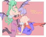  2girls animal_print back bare_shoulders bat_print black_leotard breast_sucking breasts bridal_gauntlets closed_eyes clothing_cutout demon_girl futa_yuri_ryona green_eyes green_hair head_wings heart_cutout high_heels large_breasts leotard lilith_aensland long_hair morrigan_aensland multiple_girls pantyhose purple_hair purple_pantyhose red_leotard short_hair simple_background stomach_cutout vampire vampire_(game) wings 