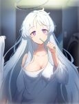  1girl blue_archive blush breasts cleavage grey_hair halo highres holding holding_toothbrush indoors large_breasts long_hair long_sleeves mechanical_halo messy_hair morishin546 noa_(blue_archive) open_mouth purple_eyes shirt solo toothbrush upper_body very_long_hair washing_machine white_shirt 