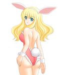  absurdres animal_ears back bare_legs blonde_hair blue_eyes bunny_ears bunnysuit highres long_hair looking_back omochi_(oekaki-san) original solo 