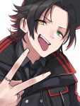  1boy black_hair collared_shirt green_eyes hat heterochromia highres hypnosis_mic hypnosis_mic:_rule_the_stage jacket jewelry kishinaito male_focus mole mole_under_eye multicolored_hair multiple_rings necktie open_mouth parted_bangs red_hair ring shirt short_hair smile solo tongue tongue_out upper_body v white_background yamada_jiro yellow_eyes 