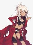  1girl bikini black_bikini blowing_kiss bridal_gauntlets cape chloe_von_einzbern coat dark-skinned_female dark_skin fate/grand_order fate_(series) feet_out_of_frame hair_bun hand_on_own_hip heart kanitama_(putyourhead) leaning_forward long_sleeves looking_at_viewer medium_hair navel one_eye_closed open_clothes open_coat open_hand orange_eyes red_cape revealing_clothes shrug_(clothing) simple_background solo swimsuit waist_cape white_background white_hair 