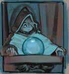  1girl cheenmachine cloak closed_mouth copyright_request hair_ornament hair_over_one_eye hairclip hood hooded_cloak meme one_eye_covered orb pondering_my_orb_(meme) sitting solo 