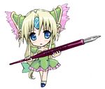  blonde_hair blue_eyes blush chibi long_hair low-tied_long_hair pen pen_holder riesz seiken_densetsu seiken_densetsu_3 solo takayaki 