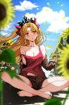  1girl absurdres alternate_costume blonde_hair bow breasts cloud cloudy_sky collarbone crossed_legs ereshkigal_(fate) fate/grand_order fate_(series) flower fukou hair_bow highres infinity_symbol long_hair nail_polish off_shoulder parted_bangs red_eyes short_shorts shorts sky solo sunflower tiara wind 