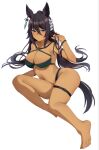  1girl alternate_costume animal_ears bare_shoulders barefoot bikini black_hair blue_eyes blush breasts cleavage closed_mouth commentary_request criss-cross_halter dark-skinned_female dark_skin earrings feet green_bikini hair_ornament halterneck highres horse_ears horse_girl horse_tail jewelry kaoru_(h8qm9) large_breasts long_hair navel ponytail simple_background single_earring solo swimsuit symboli_kris_s_(umamusume) tail thigh_strap umamusume white_background 