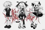  1other 2girls :o absurdres ahoge asymmetrical_legwear bandage_over_one_eye black_dress black_eyes blood blood_on_face bow breasts cleavage closed_eyes colored_skin dress frilled_dress frills full_body hair_bow highres long_hair meyou_0319 monochrome multiple_girls multiple_hair_bows nun original outline slippers standing v wavy_hair white_hair white_outline white_skin 