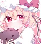  1girl absurdres blonde_hair flandre_scarlet hat heart highres medium_hair red_eyes red_ribbon ribbon side_ponytail solo stuffed_animal stuffed_toy touhou tsumugi0832 