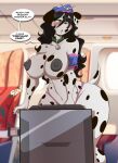 anthro areola big_breasts black_hair blush breasts canid canine canis clothed clothing dalmatian dialogue domestic_dog female flight_attendant fur hair hat headgear headwear mammal mastergodai nipples panties solo spots spotted_body spotted_fur text thick_thighs topless underwear wide_hips