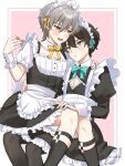  2boys abs apron aqua_eyes black_hair black_thighhighs bow bowtie caelus_(honkai:_star_rail) closed_mouth dan_heng_(honkai:_star_rail) diamond_cutout grey_hair hair_between_eyes highres honkai:_star_rail honkai_(series) long_sleeves maid maid_apron male_focus multiple_boys open_mouth otoko_no_ko short_hair skirt thighhighs trailblazer_(honkai:_star_rail) u_u_muni yaoi yellow_bow yellow_bowtie yellow_eyes 