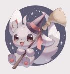  animal_focus artist_name black_background black_eyes broom commentary_request grey_fur halloween_costume hat holding holding_broom iwasi_29 minccino no_humans open_mouth outside_border pawpads pokemon pokemon_(creature) sitting smile twitter_username witch_hat 