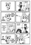  5girls archery arrow bad_id bkub bow_(weapon) chen comic greyscale hard_translated inaba_tewi monochrome multiple_4koma multiple_girls reisen_udongein_inaba touhou translated weapon yagokoro_eirin yakumo_ran 