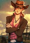  1girl belt_buckle blue_eyes breasts brown_jacket buckle cleavage cloud cloudy_sky collared_shirt cowboy_hat crossed_arms denim english_commentary fallout_(series) fallout_new_vegas hat highres jacket jewelry lamppost light_blush light_frown long_hair looking_to_the_side medium_breasts mountain nero_arts parted_lips pendant plaid plaid_skirt plunging_neckline ponytail red_hair road rose_of_sharon_cassidy shirt skirt sky solo standing stitching torn_clothes utility_pole 