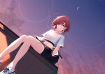  absurdres brown_eyes brown_hair crop_top evening hair_ornament hairclip highres higuchi_madoka idolmaster idolmaster_shiny_colors looking_at_viewer midriff moon navel shorts sikimosh sky star_(sky) starry_sky white_sneakers 