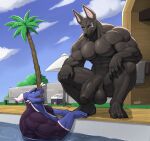 2023 abs absurd_res anthro anthro_on_anthro anubian_jackal balls barazoku biceps big_balls big_muscles big_penis bodily_fluids canid canine canis claws cloud crouching day deltoids detailed_background dragon duo e-zoid egyptian emanata eye_markings fence flaccid foreskin genital_fluids genitals hi_res horn huge_balls huge_muscles huge_penis humanoid jackal looking_at_another male male/male mammal manly markings muscular muscular_anthro muscular_male nude open_mouth outside palm_tree partially_submerged pecs penis plant plantigrade poolside precum saggy_balls scalie shadow signature sky smile swimming_pool teeth thick_penis thick_thighs tree triceps vein veiny_penis wao_(e-zoid) wet wet_body wingless_dragon