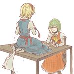  alice_margatroid ascot bad_id bad_pixiv_id blonde_hair charin green_hair hairband kazami_yuuka lowres multiple_girls plaid plaid_skirt plaid_vest red_eyes short_hair sitting skirt skirt_set table touhou undressing vest 