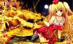 absurdres apple arm_support blonde_hair calendar_(medium) coin copyright_request crown dress food fruit gloves highres jewelry misakura_nankotsu necklace purple_eyes ribbon solo thighhighs treasure treasure_chest 