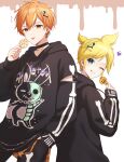 2boys absurdres animal_print back-to-back blonde_hair blue_eyes bone_hair_ornament candy choker commentary dripping earrings food green_eyes hair_ornament halloween hand_in_pocket heart heart_hair_ornament highres holding holding_candy holding_food holding_lollipop hood hoodie jewelry kagamine_len lollipop long_sleeves looking_at_viewer looking_back male_focus multicolored_hair multiple_boys one_eye_closed orange_hair plaid plaid_shirt ponytail print_hoodie project_sekai rabbit_print shinonome_akito shirt skeleton_print sleeves_past_wrists smile streaked_hair swirl_lollipop symbol-only_commentary teneko02 tongue tongue_out torn_clothes torn_shirt vocaloid 